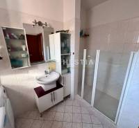 Fürdőszoba zuhanyzóval, mosdóval és tárolóhellyel egy egyszobás lakásban.