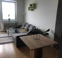 Nappali egy kétszobás lakásban kanapéval és fa dekorációjú padlóval.