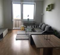 Nappali egy kétszobás lakásban, fa dekoros padlóval és kanapéval.