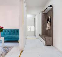 Hangulatos, egyszobás lakás világos belső térrel, kék kanapéval és fa bútorokkal.