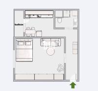 1 szobás lakás alaprajza erkéllyel, fürdőszobával és konyhával.