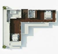Kétszobás, fürdőszobás villa alaprajza, fa dekorációjú padlóval.