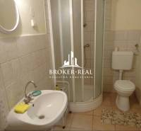 Fürdőszoba egy családi házban mosdóval, zuhanyzóval és WC-vel.