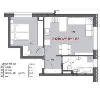 Két szobás lakás alaprajza konyhával és fürdőszobával, világos helyiségelrendezés.