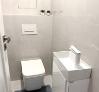 WC mosdóval egy kétszobás lakásban, világos csempék és kék szőnyeg.