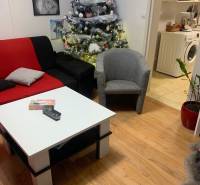 Nappali karácsonyfával, kanapéval, asztallal és fa dekorációjú padlóval egy kétszobás lakásban.