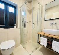 Fürdőszoba a villában zuhanyzóval és mosdóval fa dekorációval.