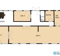 Az étterem helyiségeinek alaprajza konyhával, három szobával és szociális létesítménnyel.