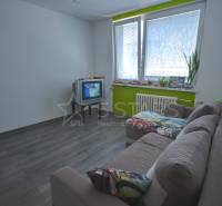 Nappali egy egyszobás lakásban fa mintás padlóval és régebbi televízióval.