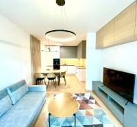 Nappali kanapéval, étkezőasztallal és TV-vel, fa dekorációjú padló, 2 szobás lakás.