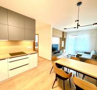 Konyha és nappali egy kétszobás lakásban, fa mintázatú padlóval és modern bútorokkal.