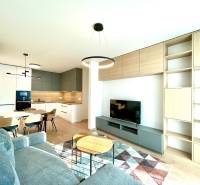 Nappali egy kétszobás lakásban konyhasarokkal és fa mintázatú padlóval.