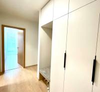 Két szobás lakás folyosója fehér szekrénnyel és fa mintázatú padlóval.