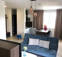 Nappali egy kétszobás lakásban kanapéval és étkezőasztallal; fa dekoros padló.