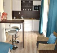 Konyha kétszobás lakásban bárpulttal és fa dekorációjú padlóval.