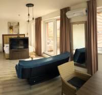 Világos 2 szobás lakás fa dekor padlóval, kanapéval és nagy ablakokkal.