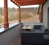 2 szobás lakás erkélye fa dekorációval és kilátással a zöldre.