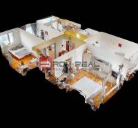 3D alaprajz egy 4 szobás lakásról, ahol a szobák és a fa dekorációjú padlók láthatók.