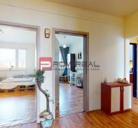 Folyosó egy 4 szobás lakásban fa dekor padlóval és szobákba nyíló bejárattal.