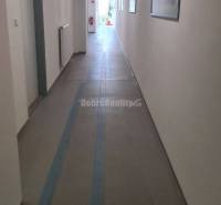 Hosszú folyosó fehér falakkal, mennyezeti lámpákkal és irodai képekkel.