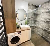 Fürdőszoba zuhanyzóval, mosdóval, mosógéppel és fa dekorációjú padlóval egy kétszobás lakásban.