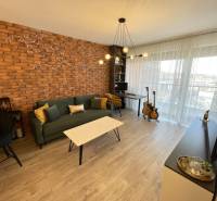 Nappali egy kétszobás lakásban téglaburkolattal és fa dekoros padlóval.