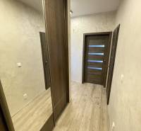 Folyosó fa dekor padlóval, beépített szekrénnyel és ajtókkal egy kétszobás lakásban.