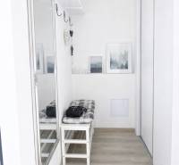 Előszoba egy kétszobás lakásban tükörrel, paddal és fa dekorációjú padlóval.