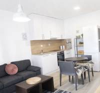 Nappali konyhával egy kétszobás lakásban, fa dekorációjú padlóval.