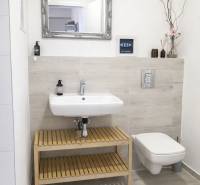 Fürdőszoba mosdóval és tükörrel, egyszerű dekorációval és világos falburkolattal egy kétszobás lakásban.