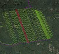 Légi térkép a Dvorníky-Včelárok mezőgazdasági és erdészeti területeiről színes jelöléssel.