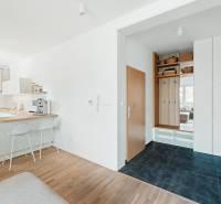 Négyszobás lakás előszobája fa mintázatú padlóval és konyhasarokkal.