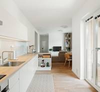 Konyha fa dekor padlóval és nappali egy 4 szobás lakásban.