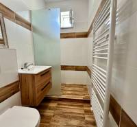 Fürdőszoba garzonlakásban fa mintás padlóval és csempével.