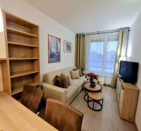 Nappali egy kétszobás lakásban kanapéval, TV-vel, polcokkal és fa dekorációjú padlóval.