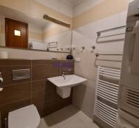 Fürdőszoba egy kétszobás lakásban WC-vel, mosdóval és fehér létra radiátorral.