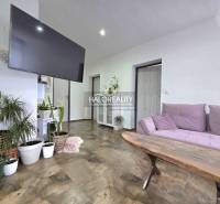 Nappali televízióval, növényekkel és fa dekorációjú padlóval egy családi házban.