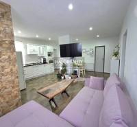 Családi ház nappalija kőburkolattal és konyhasarokkal.