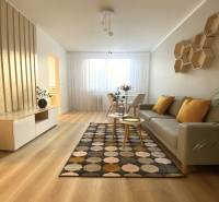 Nappali egy kétszobás lakásban, fa mintázatú padlóval és mintás szőnyeggel.