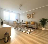 Nappali egy kétszobás lakásban kanapéval, szőnyeggel és fa dekorációjú padlóval.