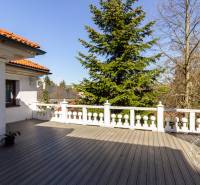 Fa dekorációjú terasz, háttérben fákkal.