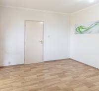 Üres szoba dekoratív képpel és fa mintázatú padlóval egy háromszobás lakásban.