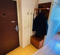 Előszoba fogassal, szekrénnyel és fa dekorációjú padlóval egy háromszobás lakásban.