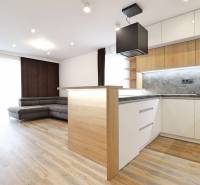 3 szobás lakás belső tere konyhával, kanapéval és fa dekorációjú padlóval.