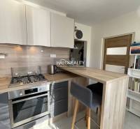 Egyszobás lakás konyhája konyhapulttal és háztartási gépekkel.