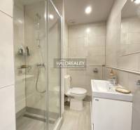 Fürdőszoba egy egyszobás lakásban káddal, zuhanyzóval és mosdóval.