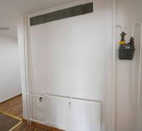 Belső tér fehér fallal, radiátorral és fa dekorációjú padlóval egy kétszobás lakásban.