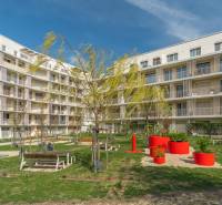 Kilátás egy lakóépületre és udvarra játszótérrel Pozsony-Ružinovban.