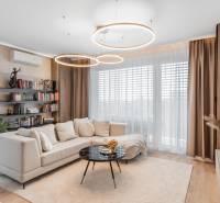 Nappali szoba fa dekor padlóval egy háromszobás lakásban, kényelmes kanapé, könyvtár.