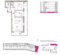 Egy 3 szobás lakás alaprajza Pozsonyban - Ružinovban magában foglalja a szobákat, a konyhát és az erkélyt.